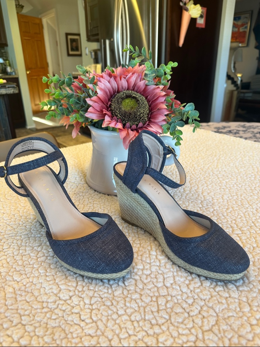 Kelly & Katie Dark Blue Denim Espadrille Wedge Sandals with Ankle Strap Sz 7.5